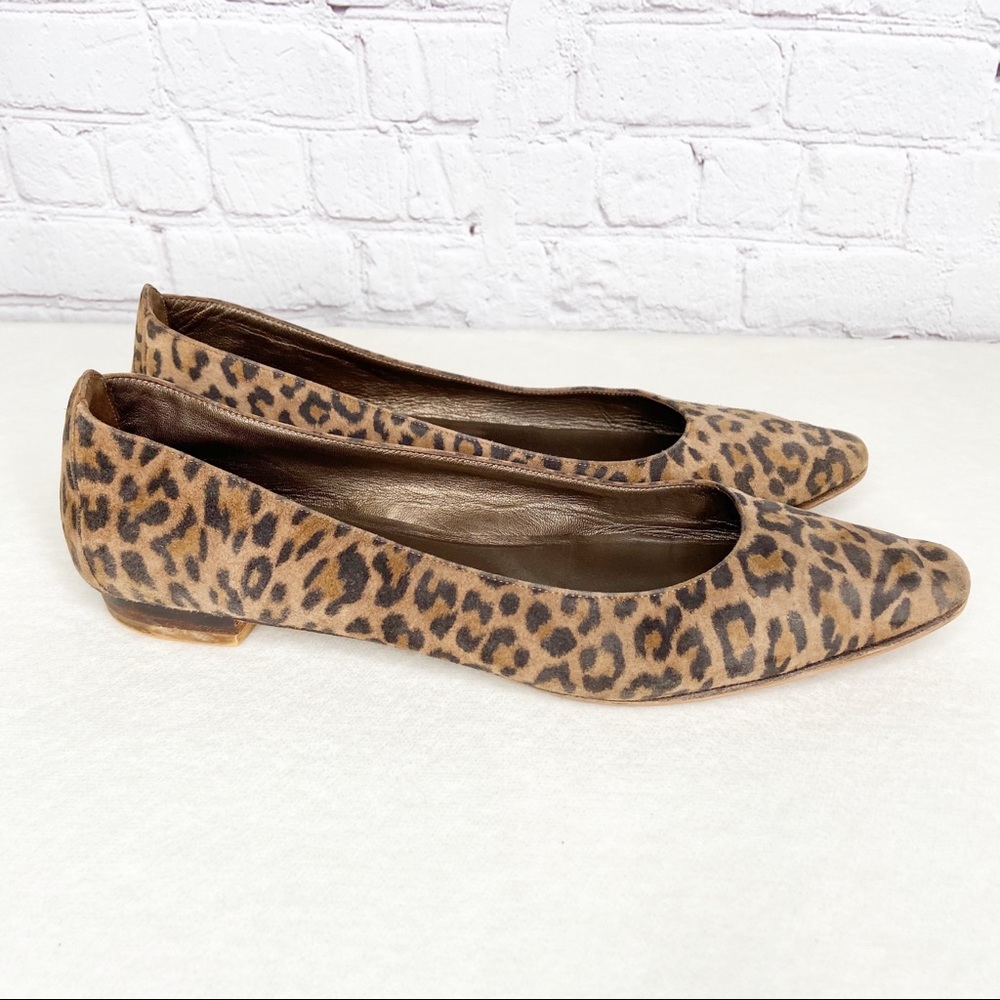 Manolo Blahnik Lee Tapered Toe Suede Leopard Flats